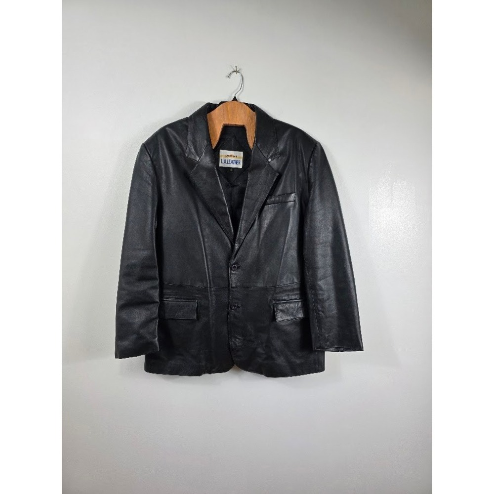 L.A. Leather Blazer Jacket Mens 46 Black Genuine Leather Two Button Coat Vintage - Picture 2 of 10